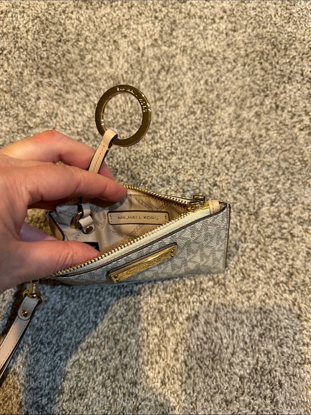 Michael Kors Beige Textured Wristlet with Gold Plate